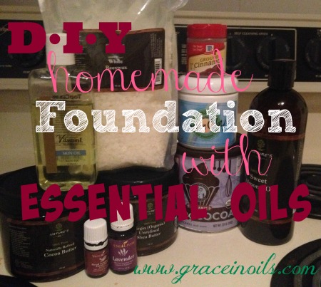 DIY Homemade Foundation using essential oils made with shea, cocoa, beeswax, vit e, green clay, cocoa powder, see blog for full recipe www.graceinoils.com